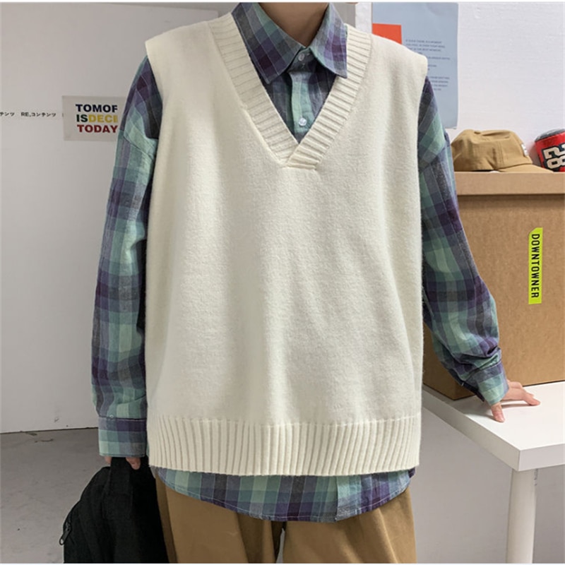 Men&s Waistcoat Fashion Korean V-neck Tops Sleeveless Knitted Sweater Vest Men Tide Wild Knitwear
